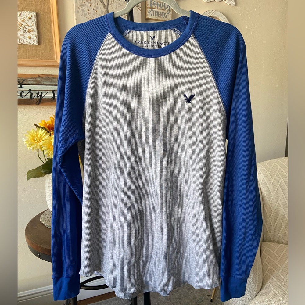 Grey/Blue American Eagle Classic Fit Long Sleeve T-Shirt - Large